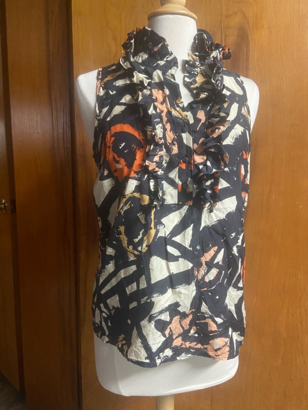 J. Crew Sleeveless Ruffle-Neck Abstract Print Top — Black, Cream & Orange